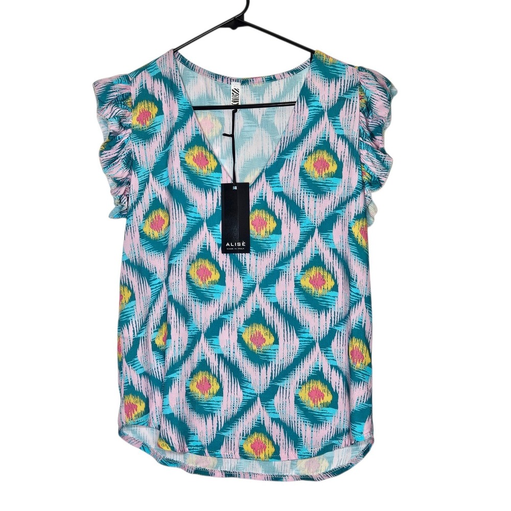 Alise NWT Viscose‎ Tropical Print Made in Italy Ruffle Tank Resort Wear Top 37 8